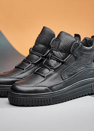 Зимові чоловічі шкіряні черевики, кросівки чорні утеплені з натуральної шкіри на хутрі на зиму для чоловіків, розмір 40-45