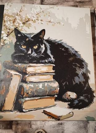 Картина кот на книгах, картина черный кот 🐱