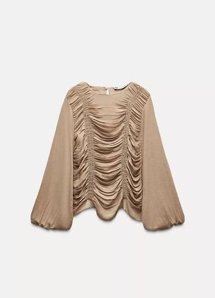 Блуза з драпуванням zara, у бежево-коричневому відтінку