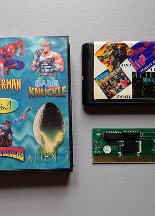 Картридж 4 в 1 для sega mega drive (spider-man / bare knuckle / sunsetriders / alien 3) ідеал, робочий