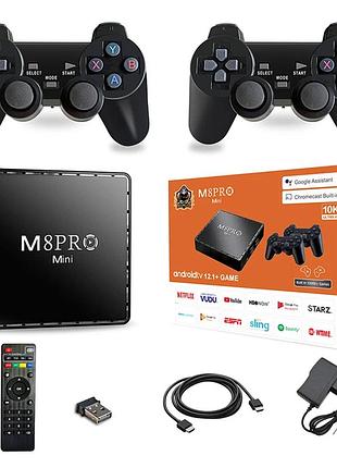 Игровая андроид тв приставка с android tv + 2 джойстика m8pro mini ретро консоль ps1, dendy, sega