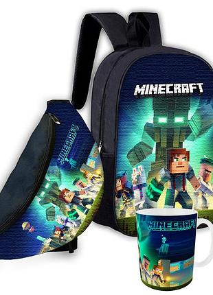 Набор детский майнкрафт крипер "minecraft" рюкзак 36х27см сумка-бананка, кружка с принтом для мальчика (01550)