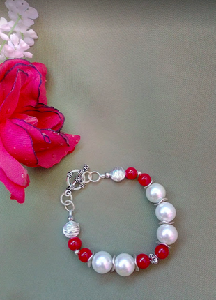 Дизайнерські сережки дизайнерський браслет корал, перли подарунок натуральні камені набір2 фото