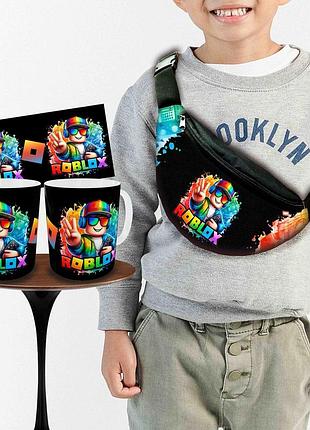 Набор: детская сумка-бананка+кружка роблокс «roblox» 32х15см, бананка для мальчика через плечо на подарок (00950)