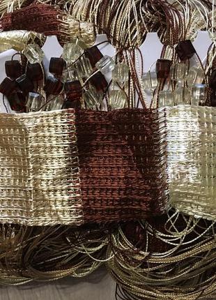 Коричнево-бежеві штори-нитки веселка зі стеклярусом