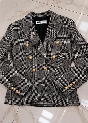 Жіночий піджак zara твідовий у клітинку, чорно-білий, розмір s
