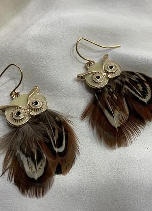🦉 🪶 🌾 этнические серьги-подвески «лесная сова» (натуральные перья фазана, эмаль, бохо) 🌾 🪶 🦉