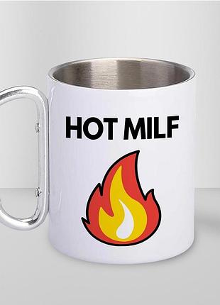 Кружка металева з принтом "hot milf" 400 мл з карабіном туристична, біла