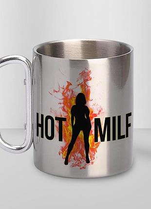 Кружка металева з принтом "hot milf" 400 мл з карабіном туристична, срібляста