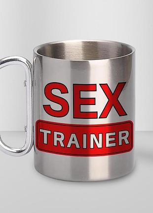Кружка металева з принтом "sex trainer" 400 мл з карабіном туристична, срібляста