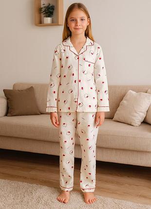 Детская пижама для девочки из хлопка hello kitty, молочная, размер 152-160 см, 10-13 лет (10724)
