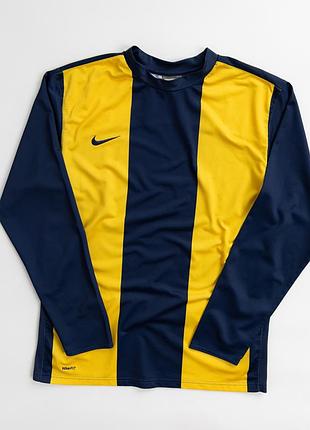 Чоловіча, вінтажна, спортивна кофта nike у темно-синьому та жовтому кольорах. модель має контрастний, смугастий дизайн із широкими, вертикальними, ж