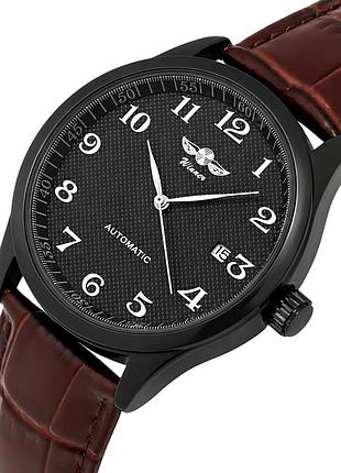Чоловічий механічний годинник winner handsome black leather з автозаводом і датою, 2 ремінці