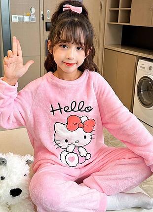 Детская плюшевая теплая пижама для девочки hello kitty 125-135 см 7-9 лет розовая (10748)