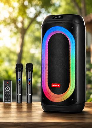Аккумуляторная акустическая система zxx-9098 2×8″ / колонка с led-подсветкой + 2 беспроводных микрофона