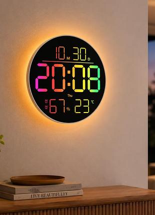 Годинник настінний 6695r / настінний годинник круглі rgb з пультом / календар, температура, вологість