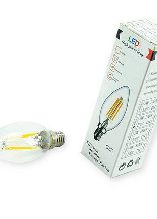 Лампа побутова діодна 220v e14 4w c35 3000k filament теплий білий megalight