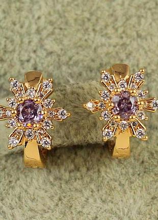 Сережки дитячі xuping jewelry сніжинка із фіолетовим каменем 1,2 см золотисті