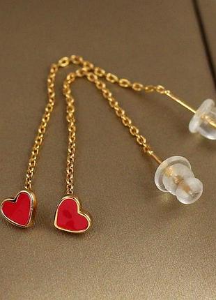 Серьги продевки xuping jewelry сердечки с красной эмалью 6 см золотистые