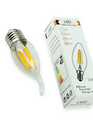 Лампа светодиодная 220v e27 6w c35 3000k filament теплый белый на ветру megalight