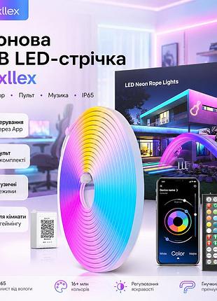 Неонова rgb led-стрічка mexllex 5 м з app, пультом, музикою, ip65 для кімнати й геймінгу