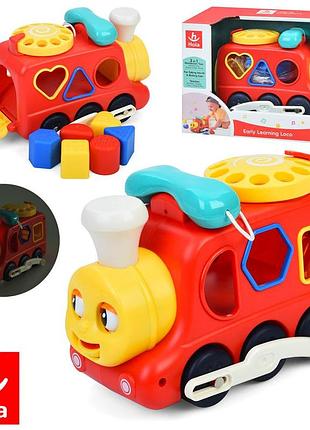 Игровой паровоз-сортер 6 фигур, ездит, муз., свет, батарейки (he9981)