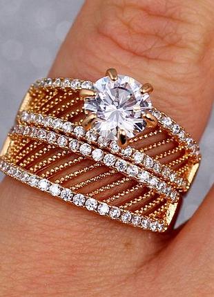 Кольцо xuping jewelry широкое сеточка с камнем р 18 золотистое