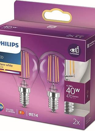 2 шт. комплект світлодіодних лампочок розжарювання e14 philips 9290018904c 2700 k 470 lm світлодіодні круглуваті лампи 40 вт