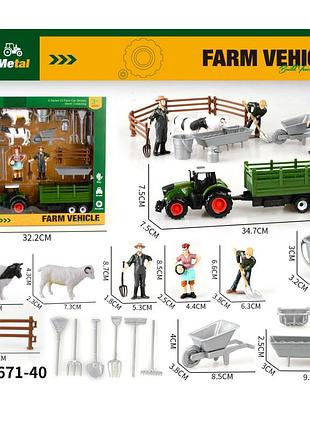 Трактор 79671-40 з причепом, 29,5см,метал,фігурки-3шт,тварини-2шт,паркан,сільськог.інстр.кор.+
