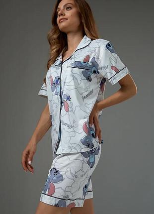 Пижама для девочек подростков stitch стич: рубашка + шорты, белая, 152–160 см (10643)