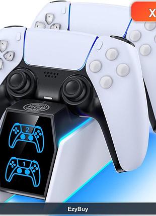 Белая док-станция для быстрой зарядки двух геймпадов playstation ps 5 dualsense и edge с rgb подсветкой