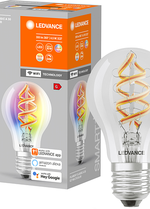 Умная лампочка ledvance smart+ wifi 300lm e27 ac34820 4.5 вт 2700 к rgbw led лампочка с нитью накаливания, диммируемая
