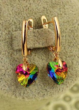 Сережки підвіски xuping jewelry сваровські сердечки зелені хамелеон 2,8 см золотисті