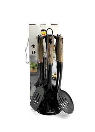 Набор кухонных принадлежностей haus roland hr926-1, 7 предметов с ручками под дерево. черный (hr926-1)