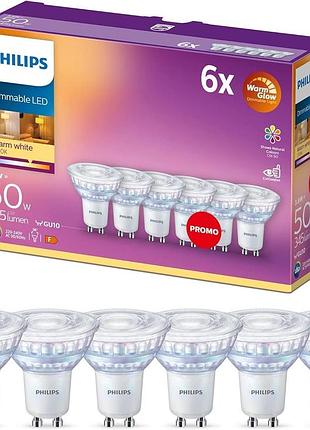 Набор из 6 диммируемых светодиодных ламп gu10 3.8w 2700–2200k 345лм philips