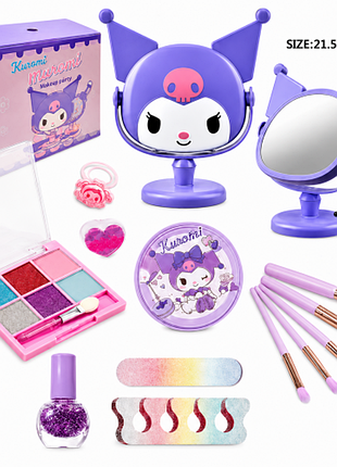 Набір дитячої косметики sanrio kuromi із дзеркалом, палетка на 9 кольорів, помада, лаки для нігтів, подарунковий комплект