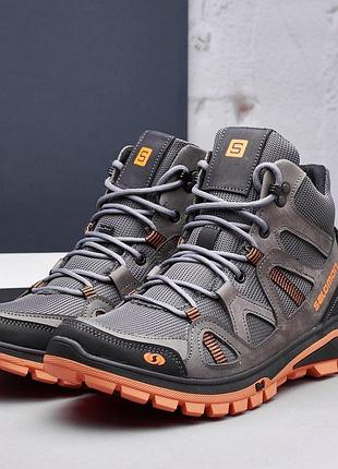 Мужские зимние кожаные ботинки, кроссовки на меху (натуральная кожа) серые, мужская обувь на зиму, размер 45