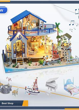 Миниатюрный дом-конструктор diy gudoqi blue sea legend, модель для сборки 1:24 с музыкой и мебелью, голубой
