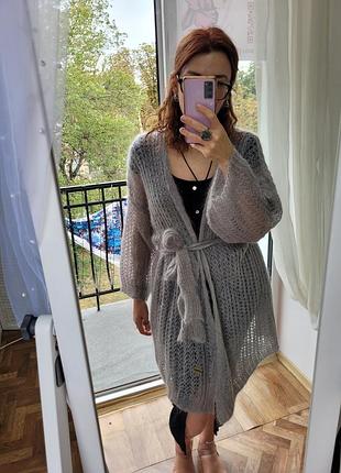 Женский итальянский однотонный кардиган oversize с поясом. вязаный. серый. мохер/шерсть. one size