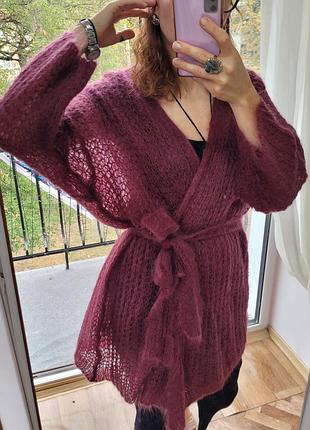 Женский итальянский однотонный кардиган oversize с поясом. вязаный. бордовый. мохер/шерсть. one size