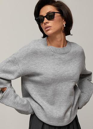 Джемпер oversize с декоративными молниями на рукавах - серый цвет, one size (имеется размеры)