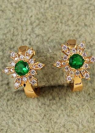 Сережки дитячі xuping jewelry сніжинка із зеленим каменем 1,2 см золотисті