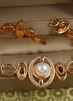 Браслет xuping jewelry овалы с жемчужиной 19 см 2,3 см золотистый