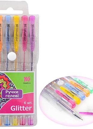 Ручки гелевые yes "glitter" набор 6 шт для письма и творчества (411702)