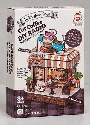 3d дерев'яний конструктор-румбокс з радіо та led-підсвіткою "cat coffee" diy інтер'єрний ляльковий будиночок