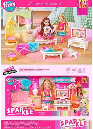 Игровой набор кукла с гостиной, мебелью и собачкой, 2 вида (7019)