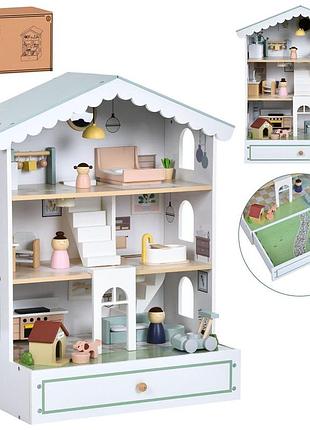 Деревянная игрушка домик md 1427 57,5-34-в69,5см, 3 этажа, мебель,3 фигурки, будка,собака,бат.,