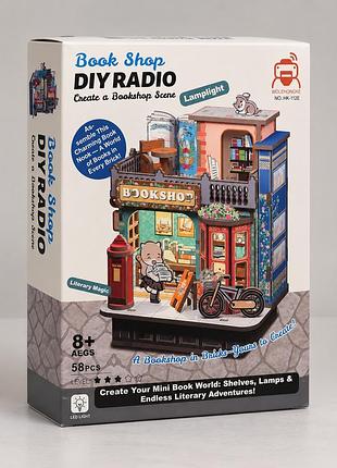 3d дерев'яний конструктор-румбокс з радіо та led-підсвіткою "bookshop" diy інтер'єрний ляльковий будиночок