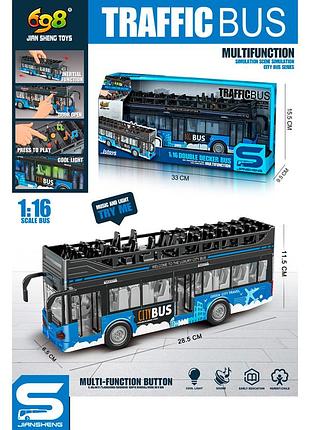 Автобус js122 двухэтажный, 28,5см,1:16, инерция, звук, светящиеся, резиновые колеса, отчин.двери.бат.кор.