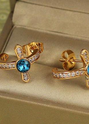 Серьги гвоздики xuping jewelry крестики с синими камнями сваровски 1,6 см золотистые